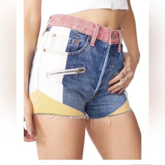 Levis 501 High Rise Medium Wash Color Block Denim Shorts 24 Retro Funky Cutoff - Picture 9 of 11